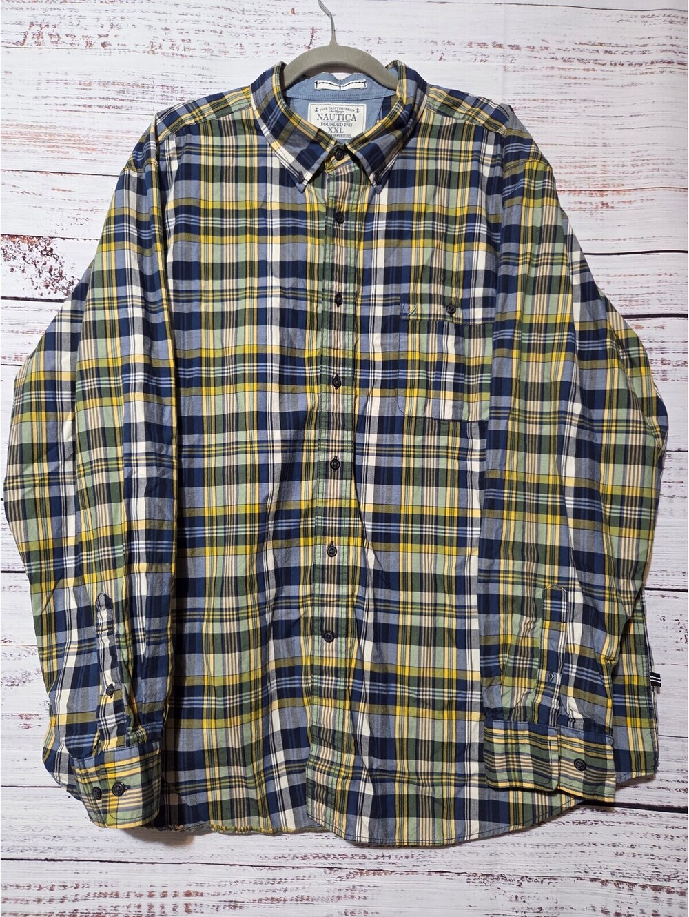 Nautica XXL Slim Fit Button-Down Shirt Yellow Blue Plaid Long Sleeve